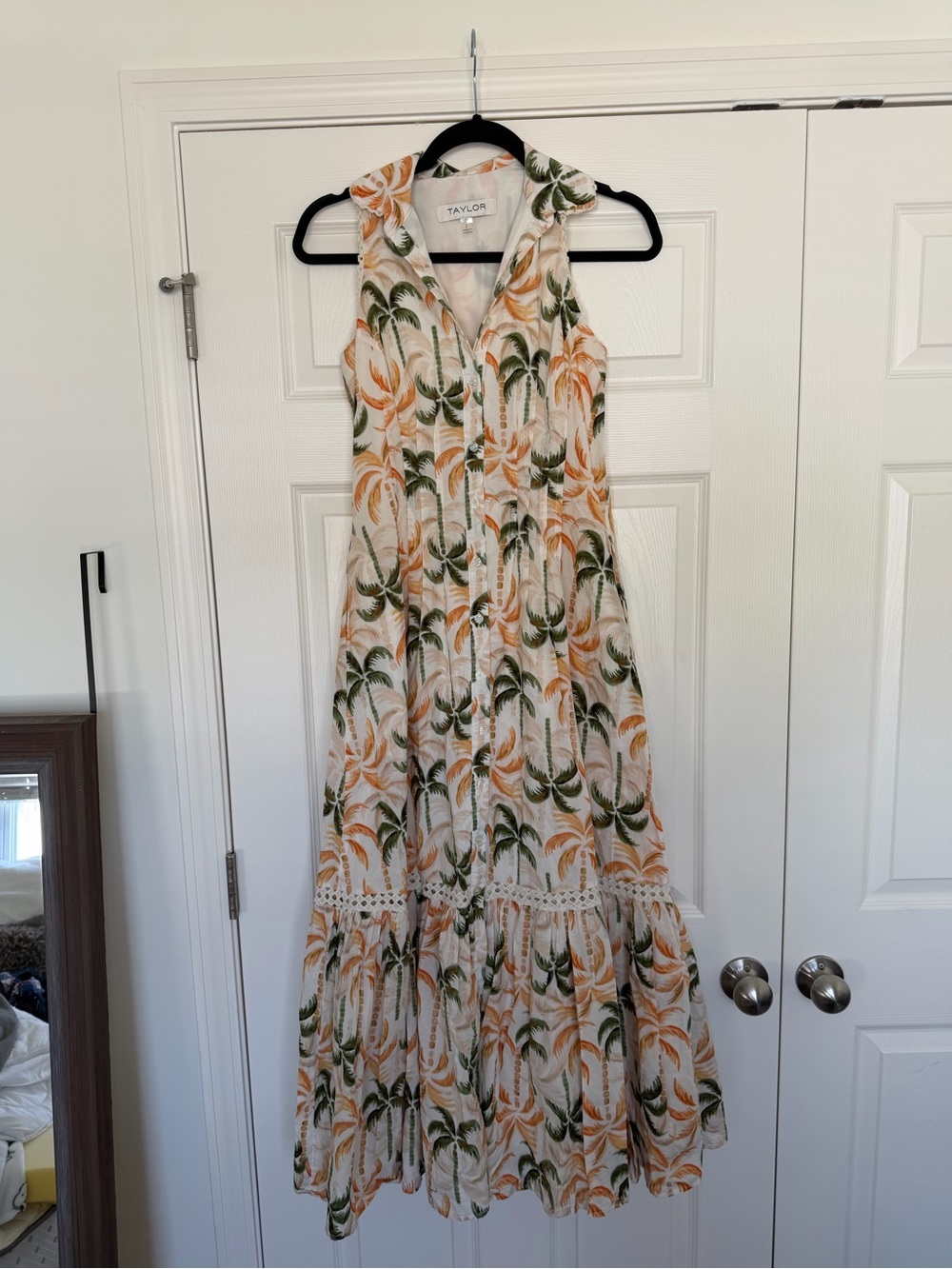 Taylor Sleeveless Palm-Print Maxi Dress in Cream, Olive, and Orange